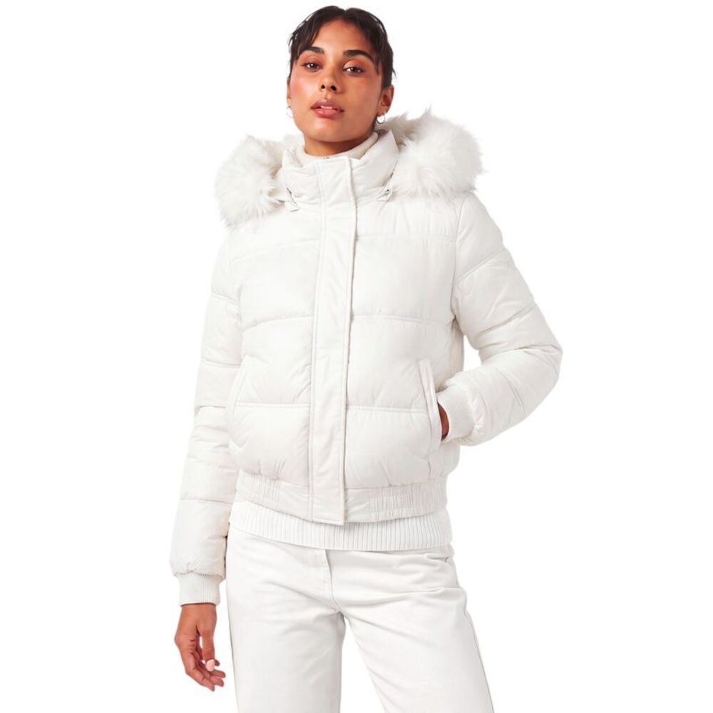 Women Faux Fur Trim Hooded Cropped Puffer Jacket White